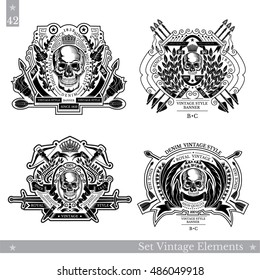 Vintage emblems with skull front view in center of floral pattern and weapon. Set vector heraldic element for design or t-shirt print on white
