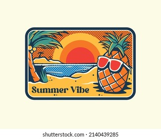 vintage emblems summer illustrations of pinneaple cartoon enjoy on vacation. Perfect for hat patch, t-shirt, embroidery, and others. California summer holiday style with waves surfing palms 