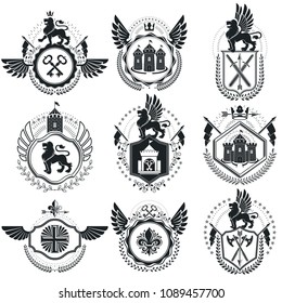 Vintage emblems, vector heraldic designs. Coat of Arms collection, vector set.