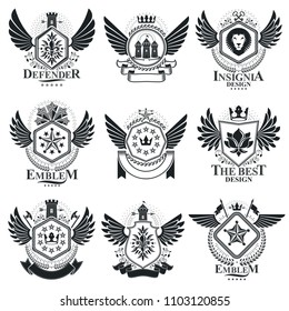 Vintage emblems, vector heraldic designs. Coat of Arms collection, vector set.