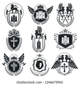Vintage emblems, vector heraldic designs. Coat of Arms collection, vector set.