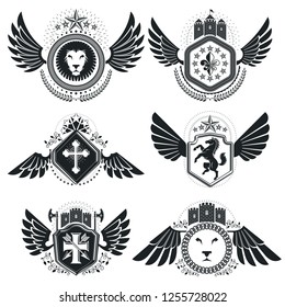Vintage emblems, vector heraldic designs. Coat of Arms collection, vector set.