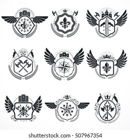 Vintage emblems, vector heraldic designs. Coat of Arms collection, vector set.