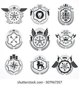 Vintage emblems, vector heraldic designs. Coat of Arms collection, vector set.