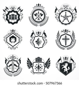 Vintage emblems, vector heraldic designs. Coat of Arms collection, vector set.