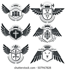 Vintage emblems, vector heraldic designs. Coat of Arms collection, vector set.