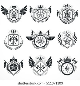 Vintage emblems, vector heraldic designs. Coat of Arms collection, vector set.