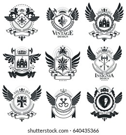 Vintage emblems, vector heraldic designs. Coat of Arms collection, vector set.