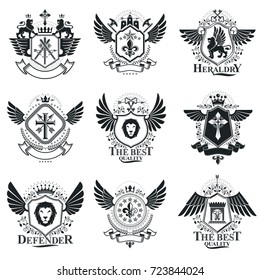 Vintage emblems, vector heraldic designs. Coat of Arms collection, vector set.