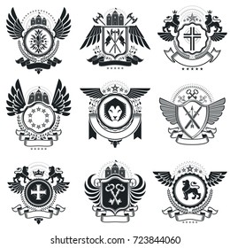Vintage emblems, vector heraldic designs. Coat of Arms collection, vector set.