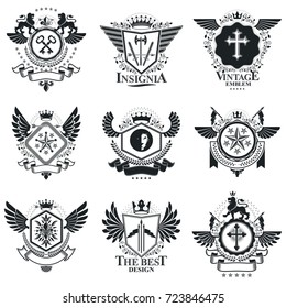 Vintage emblems, vector heraldic designs. Coat of Arms collection, vector set.