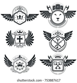 Vintage emblems, vector heraldic designs. Coat of Arms collection, vector set.