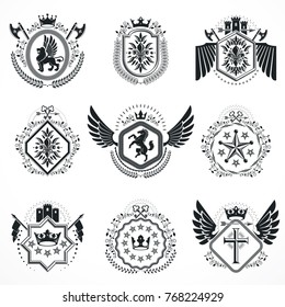 Vintage emblems, vector heraldic designs. Coat of Arms collection, vector set.