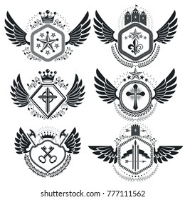 Vintage emblems, vector heraldic designs. Coat of Arms collection, vector set.