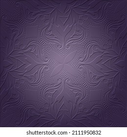 Vintage embossed 3d seamless pattern. Floral textured violet greek background. Relief repeat backdrop. Modern greek key meanders emboss ornament. Baroque style surface 3d flowers, leaves, shapes.