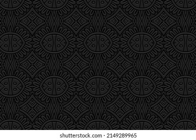 Vintage embossed black background, actual cover design. Geometric artistic 3D pattern, ethnic texture. Creativity of the peoples of the East, Asia, India, Mexico, Aztecs, Peru in handmade style.