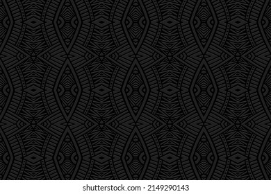 Fondo negro grabado de época, diseño real de la cubierta. Patrón geométrico único 3D, textura étnica. Creatividad de los pueblos de Oriente, Asia, India, México, Aztecas, Perú a mano.