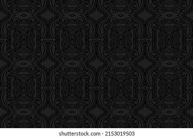 Vintage embossed black background, exotic cover design. Geometric abstract 3D pattern, ethnic texture in hand drawn style. Oriental, Asian, Indian, Mexican, Aztec, Peru motifs.
