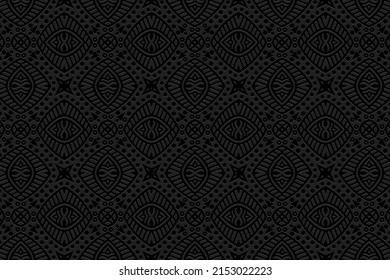 Vintage embossed black background, exotic cover design. Geometric original 3D pattern, ethnic texture in hand drawn style. Oriental, Asian, Indian, Mexican, Aztec, Peru motifs.