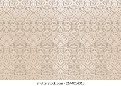 Fondo beige satinado vintage, diseño de la cubierta. Patrón geométrico artístico 3D, textura étnica. Creatividad de los pueblos de Oriente, Asia, India, México, Aztecas, Perú a mano.