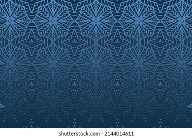 Vintage embossed satin blue background, cover design. Geometric luxury 3D pattern, ethnic texture. Creativity of the peoples of the East, Asia, India, Mexico, Aztecs, Peru in handmade style.
