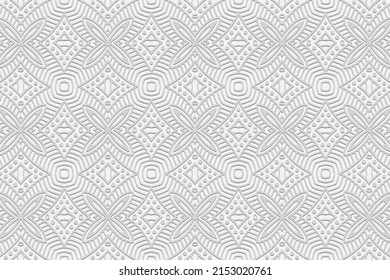 Vintage embossed white background, exotic cover design. Geometric floral 3D pattern, ethnic texture in hand drawn style. Oriental, Asian, Indian, Mexican, Aztec, Peru motifs.