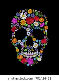 Vintage embroidered flower skull. Muertos Dead Day Fashion design decoration print. Orange marigold daisy chamomile beautiful isolated on black background. Greeting invitation vector illustration