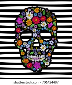 Vintage embroidered flower skull. Muertos Dead Day Fashion design decoration print. Marigold daisy chamomile beautiful isolated on black white striped background. Greeting vector illustration