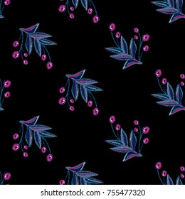 Vintage embroidery branch seamless pattern. Bright traditional illustration on black background for fabric design in watercolor style.