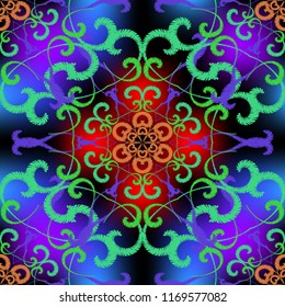 Vintage embroidery colorful vector seamless pattern. Ornamental textured glowing background. Tapestry hand drawn flowers, leaves, line art tracery multicolor grunge ornaments. Embroidered mandala