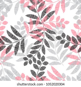 Vintage embroidery floral fabric texture. Simple seamless background with leaves, branches. Embroidery stitches imitation. 