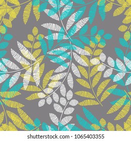 Vintage embroidery floral fabric texture. Simple seamless background with leaves, branches. Embroidery stitches imitation. 