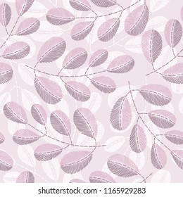Vintage embroidery floral fabric texture. Simple seamless background with leaves, branches. Embroidery stitches imitation.