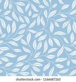 Vintage embroidery floral fabric texture. Simple seamless background with leaves, branches. Embroidery stitches imitation.