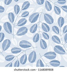 Vintage embroidery floral fabric texture. Simple seamless background with leaves, branches. Embroidery stitches imitation.
