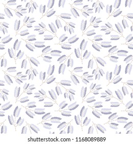 Vintage embroidery floral fabric texture. Simple seamless background with leaves, branches. Embroidery stitches imitation.