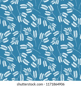 Vintage embroidery floral fabric texture. Simple seamless background with leaves, branches. Embroidery stitches imitation.
