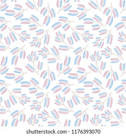 Vintage embroidery floral fabric texture. Simple seamless background with leaves, branches. Embroidery stitches imitation.