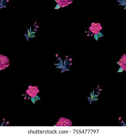 Vintage embroidery flowers seamless pattern. Bright traditional illustration on black background for fabric design in watercolor style.