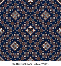 Vintage embroidery geometric pattern. Vector ethnic geometric square floral shape pixel art seamless pattern. Ethnic geometric stitch pattern use for textile, wallpaper, cushion, quilt, upholstery.