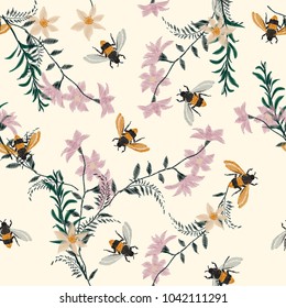 Vintage Embroidery honey bee,with wild flowers  many kind of florals Seamless pattern vector backdrop. Trendy art colorful on light cream color background.
