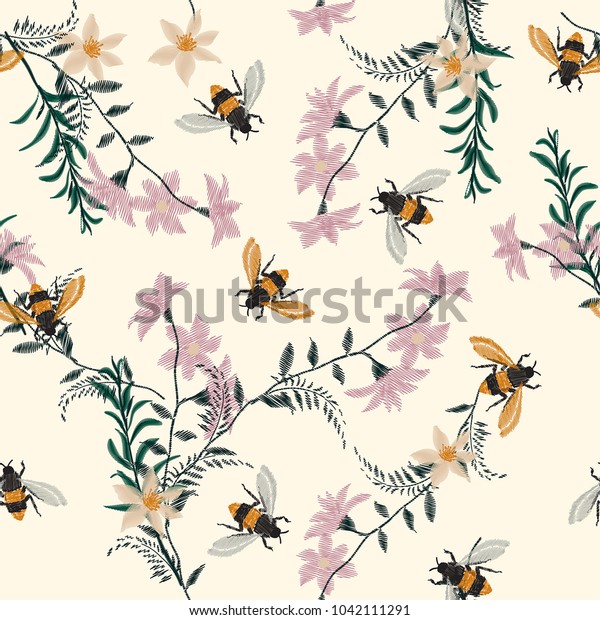 Vintage Embroidery Honey Beewith Wild Flowers Stock Vector (Royalty ...