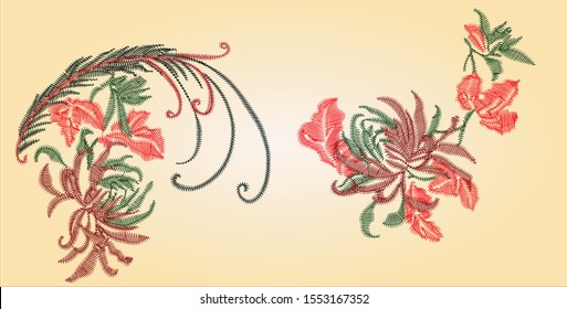 Vintage Embroidery oriental floral Design 