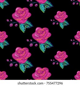Vintage embroidery rose seamless pattern. Bright traditional illustration on black background for fabric design in watercolor style.