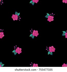 Vintage embroidery rose seamless pattern. Bright traditional illustration on black background for fabric design in watercolor style.