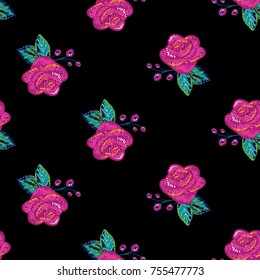 Vintage embroidery rose seamless pattern. Bright traditional illustration on black background for fabric design in watercolor style.