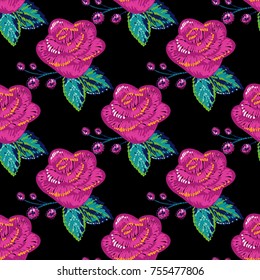Vintage embroidery rose seamless pattern. Bright traditional illustration on black background for fabric design in watercolor style.
