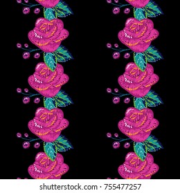 Vintage embroidery roses and small branches vertical stripes garland seamless pattern. Bright traditional illustration on black background for fabric design in watercolor style.