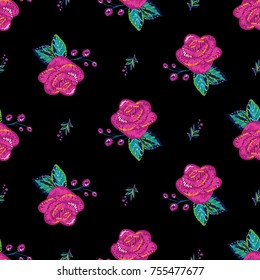 Vintage embroidery roses and small branches seamless pattern. Bright traditional illustration on black background for fabric design in watercolor style.