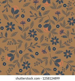 Vintage Embroidery seamless pattern with beautiful wild flowers delicate vector print  illustration design for fashion ,fabric,wallpaper,cover,web, and all prints on retro brown  background color